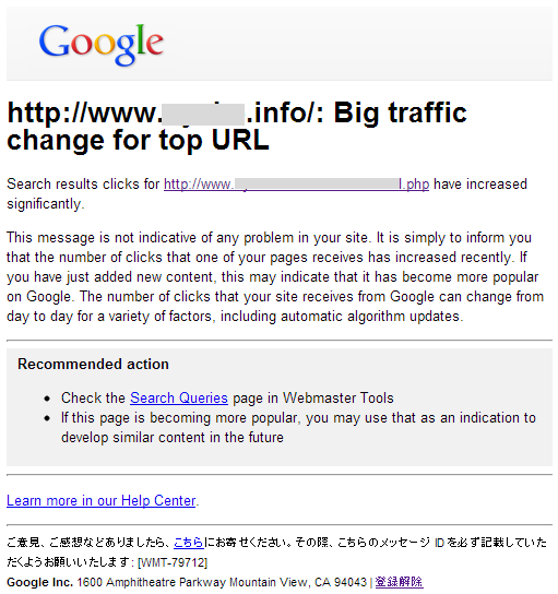 google ウェブマスターツール Big traffic change for top URL